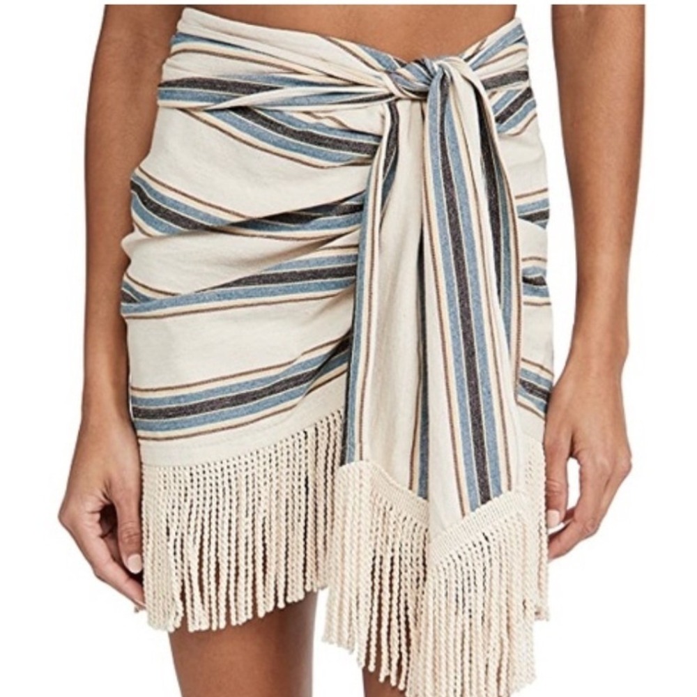 NWT Just Bee Queen Charlie Mini Skirt Large Teal Oatmeal Striped Fringe Wrap USA